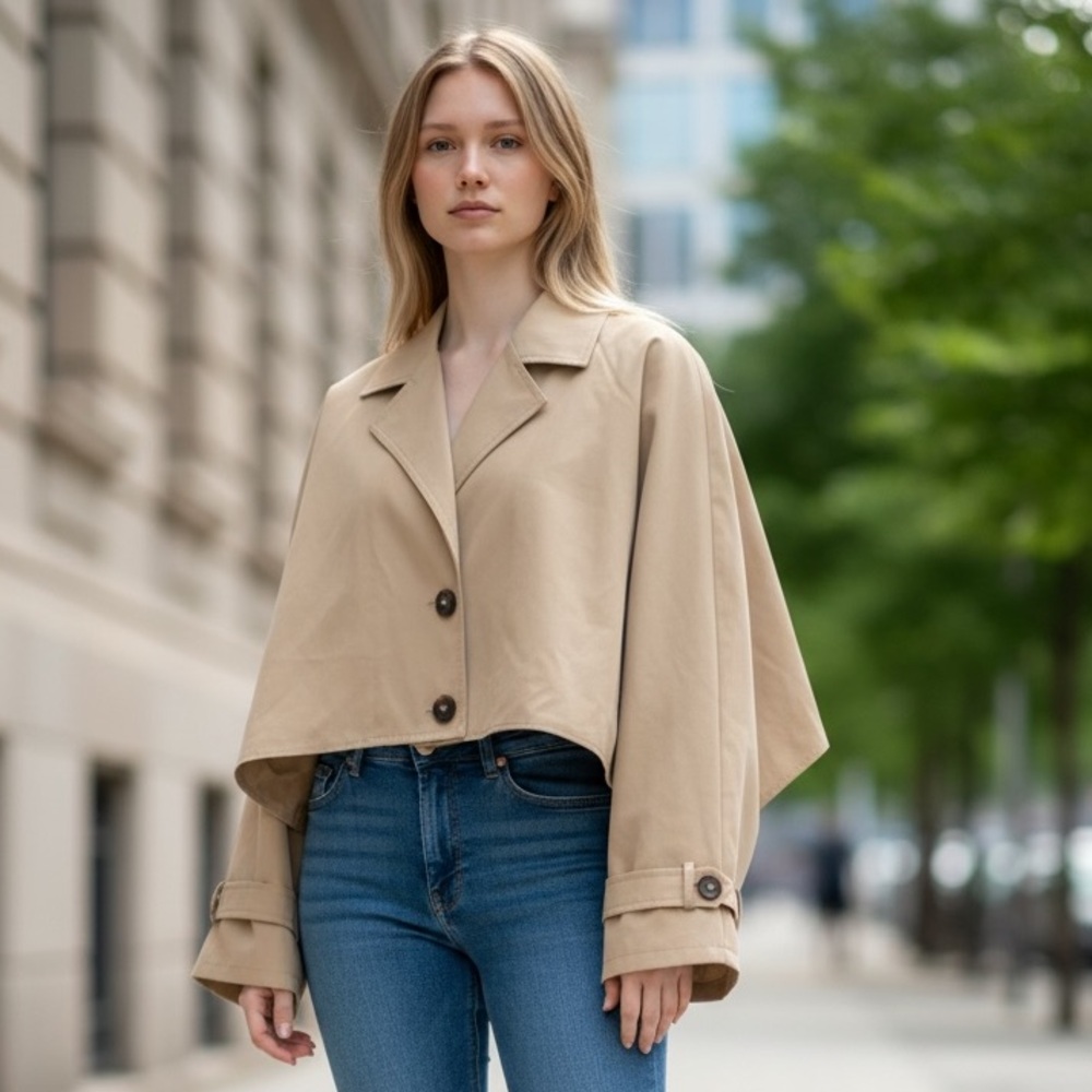 NWT House Ov Harlow 1960 Cropped Trench Coat Jacket - Beige Khaki One Size